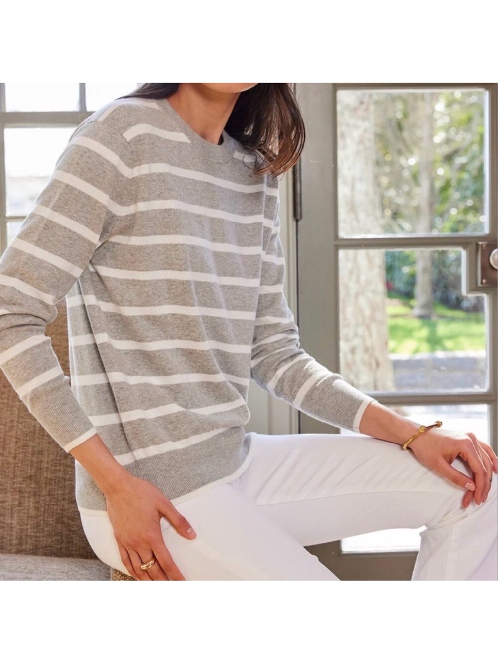 Lake Womens Evaline Heather Gray Wharf Stripe Sz Medium Linen Cotton Blend